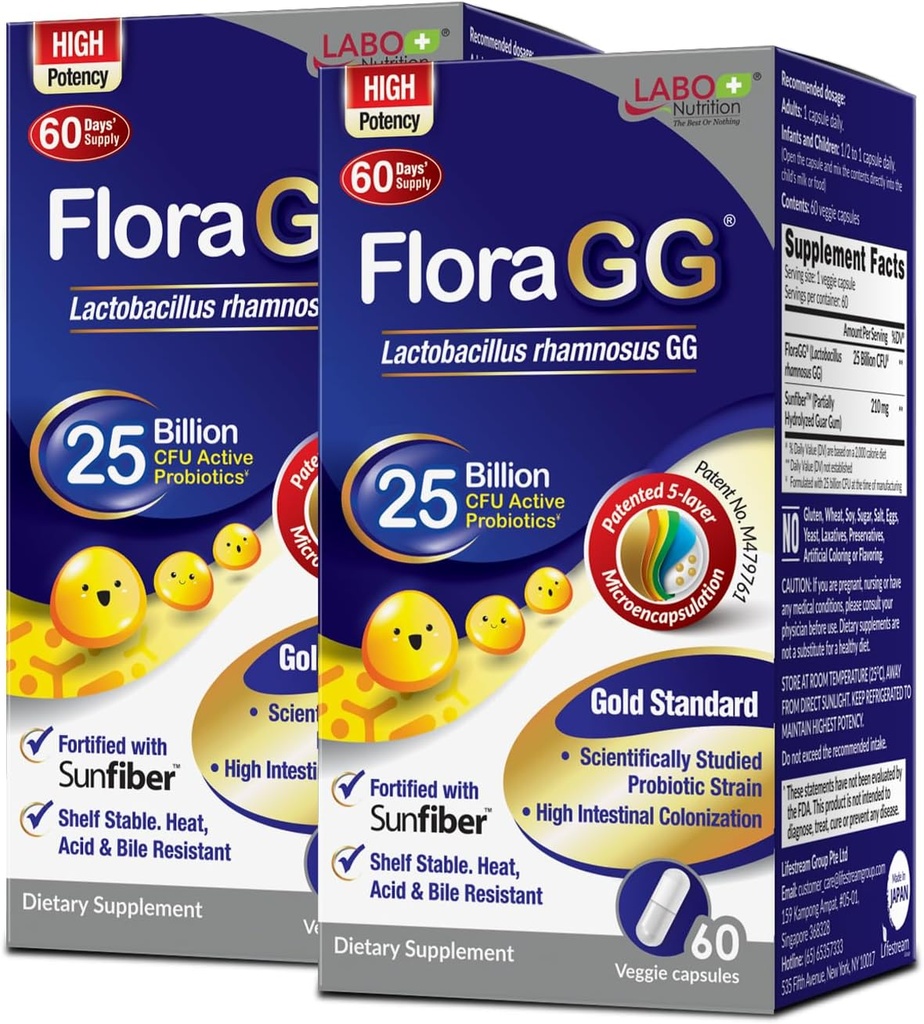 LABO Nutrition FloraGG, Lactobacillus Rhamnosus GG 25 Million CFU Probiotiques actifs et supplément de fibre de soleil prébiotique, soutenir la santé intestinale, la santé immunitaire retardé la libération et sans gluten 60sx2