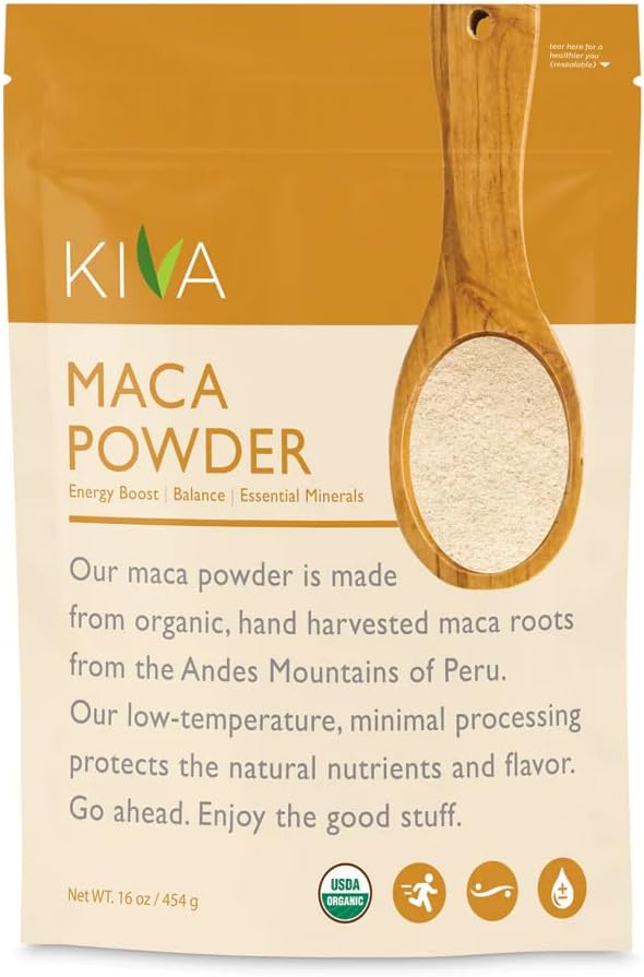 Poudre de maca biologique de Kiva, poudre de racine de maca péruvienne pure authentique pour suralimenter votre santé, soutien pour l'énergie, Superfood, 16 oz