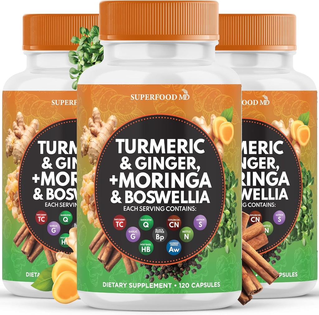 Turmeric Moringa 50000mg Supplément de Ginger Boswellia 3000mg Safran 2000mg Holy Basil- Supplément de soutien conjoint pour les femmes et les hommes avec Ceylan Cinnamon, Quercetin, Tart Cherry- 360 Comte