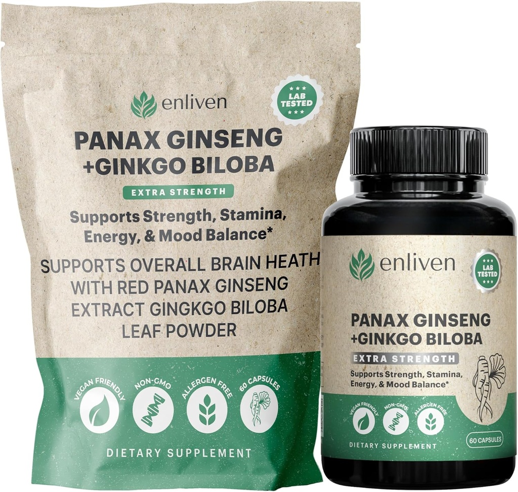 Panax Ginseng & Ginkgo Biloba Supplément pour l'énergie, Focus et la santé du cerveau