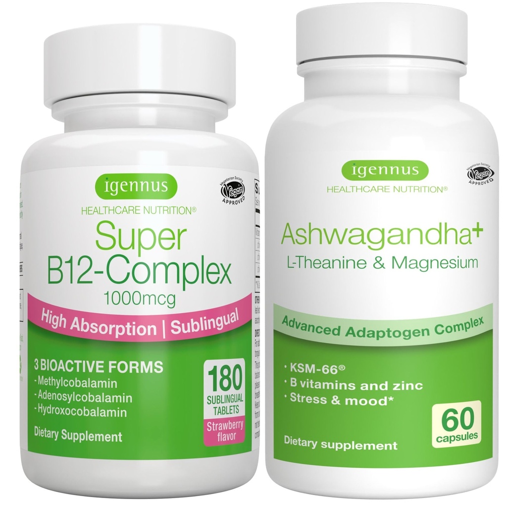Super B12-Complex 1000mcg + Advanced Ashwagandha KSM-66, L-Theanine & Magnesium Bundle, High Absorption Sublingual Vitamin B12 + Multi Action Adaptogen Complex, by Igennus