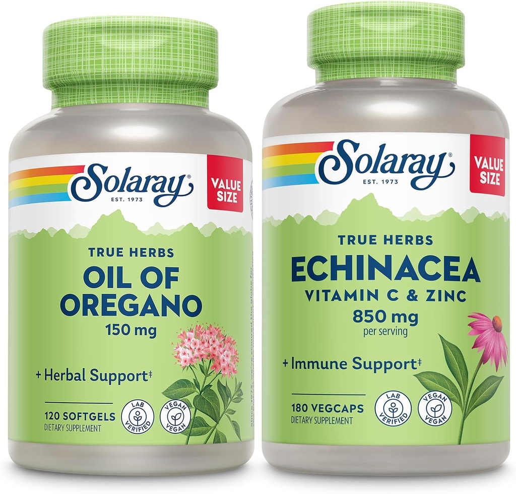 SOLARAY Oil of Oregano Softgels and Echinacea, VIT C & Zinc Immune Support Supplément - Oregano Oil and Echinacea Capsules w/Vitamine C 500mg Plus Bioflavonoïdes, végétalien, garantie de 60 jours, 120ct/180ct