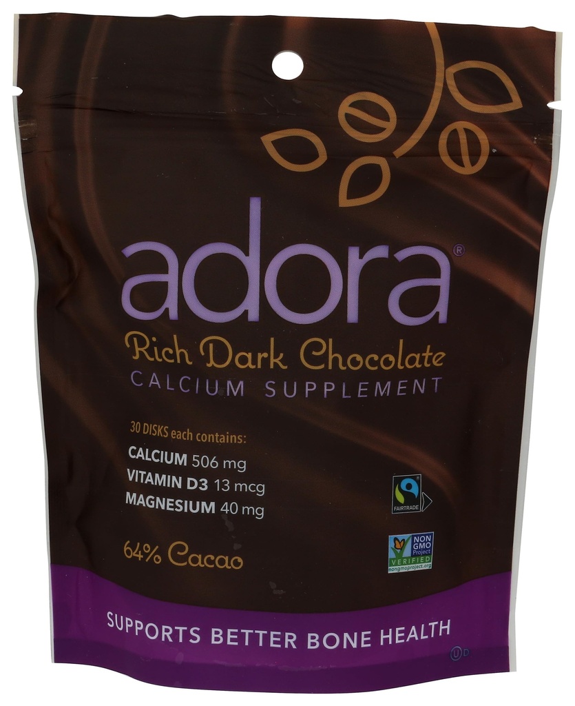 Disque supplémentaire de calcium Adora, chocolat noir, 30 Compte - 500 mg