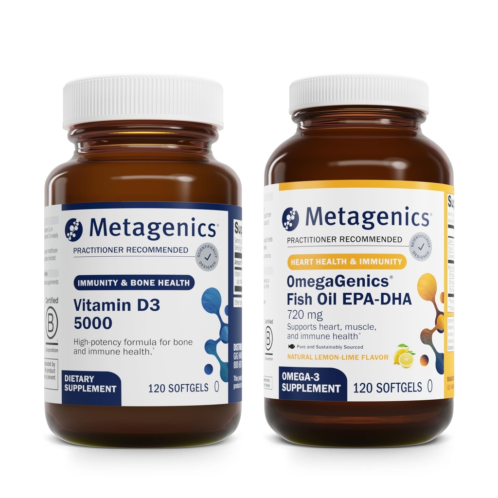 Ensemble Métagénique - D3 5000 & EPA-DHA 720-120 Softgels de D3 5000 pour le soutien immunitaire, la santé osseuse et cardiaque* - 120 Softgels de EPA-DHA 720 pour la santé cardiaque, musculo-squelettique et immunitaire*