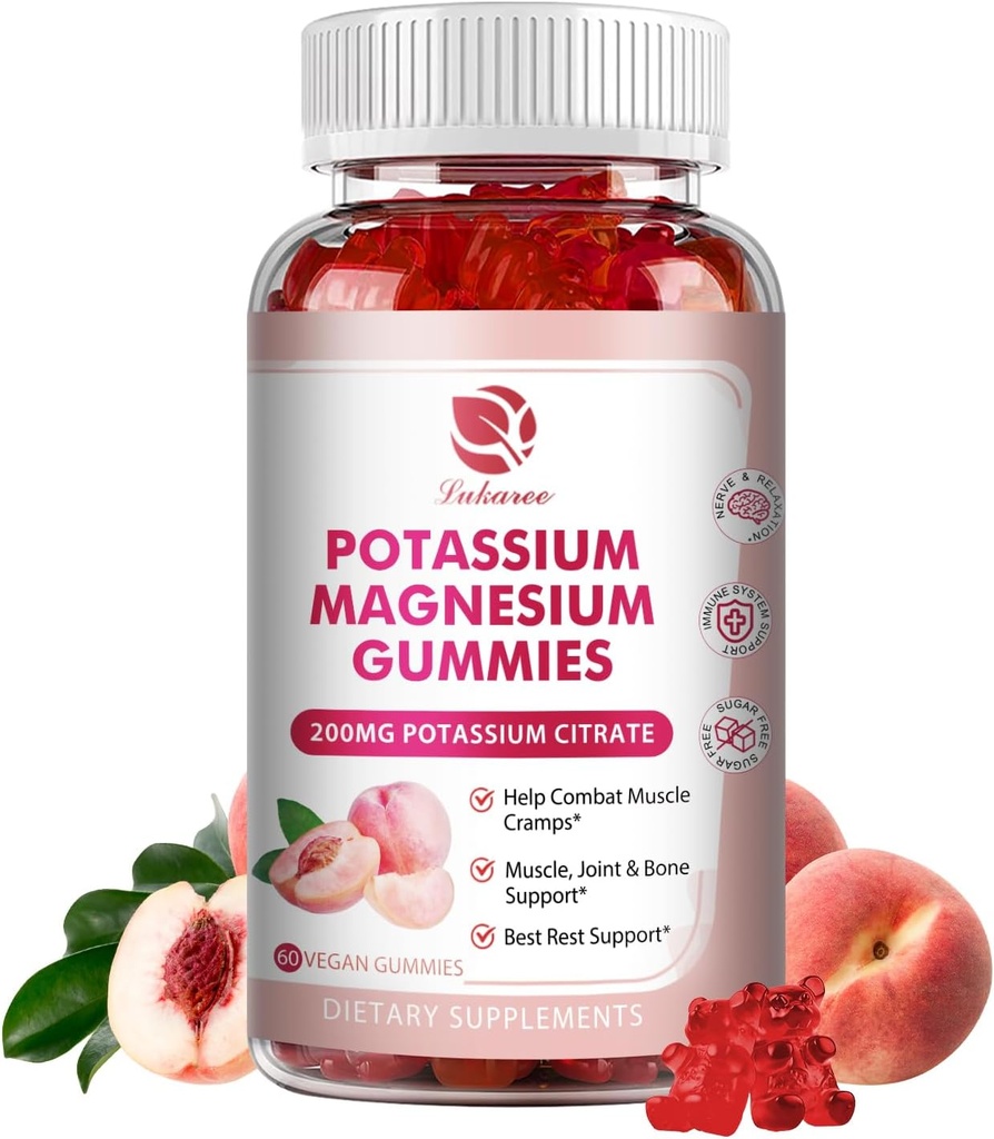 Gommies de magnésium de potassium - Haute absorption Glycinate de magnésium et Citrate de potassium 200mg Plus Omega 3, B6, D3, K2 & Calcium - Gommy à croquer pour l'immunité et l'énergie - Flaveur de pêche - 60 Compte