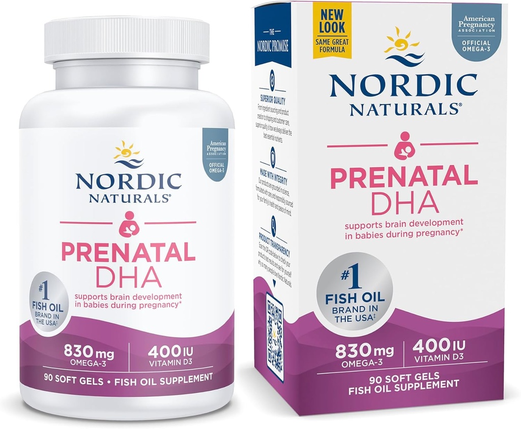 Nordic Naturals Pro Prenatal DHA, non aromatisé - 830 mg Oméga-3 + 400 UI Vitamine D3-90 Gels mous - soutient le développement du cerveau chez les bébés pendant la grossesse et l'allaitement - non-OGM - 45 portions