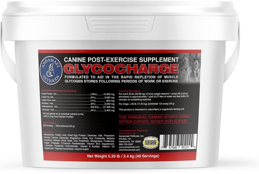 Annamaet Glycocharge – Supplément post-exercice pour les athlètes canins et les chiens de travail – avec des maltodextrines pour aider à reconstituer le glycogène musculaire pour une récupération plus rapide - 2,4 kg