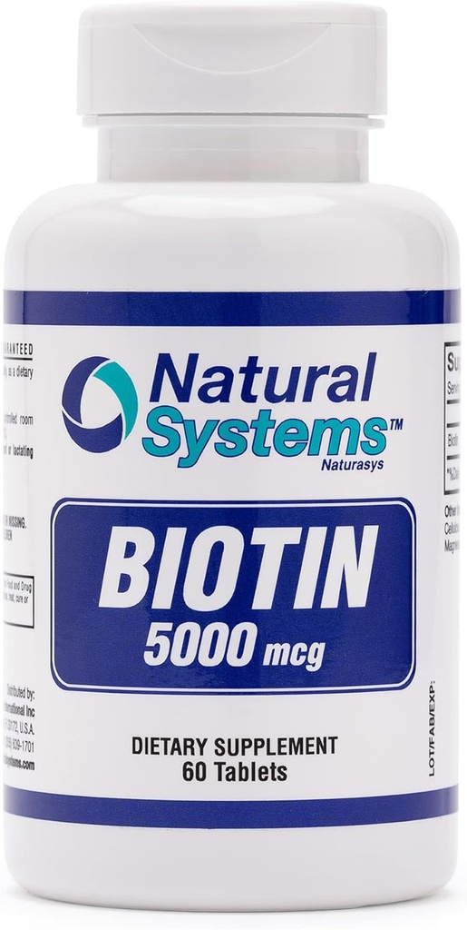 Biotin 60 Tablets 5000 mcg by Natural Systems | Biotin Hair Growth Support Pills | Hair Skin Nails Vitamins for Men and Women | Biotin Supplement Improves Cell Growth
