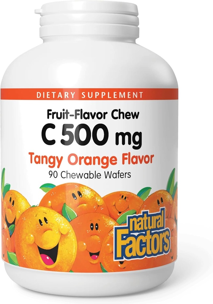 Facteurs naturels, Vitamine C 500 mg, Kids Chewable to Support Healthy Bones and Teeth, Tangy Orange, Vegan, Non-OGM, 90 gaufrettes (90 portions)
