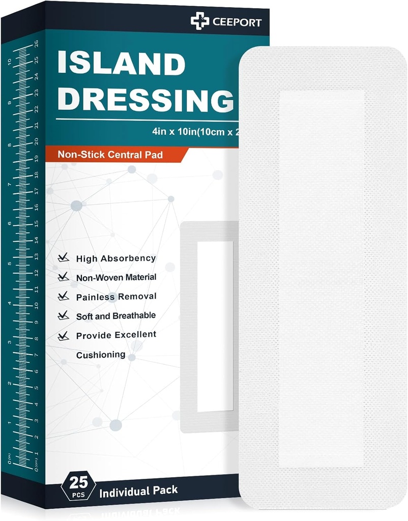 Dressing Island Borded Gauze 4"x10", 25 Individuellement emballé Non-Stick Pad au centre avec bordure adhésive,Soft et hautement absorbante de grade médical Dressing Gauze Pad pour soins de la blessure et premiers soins