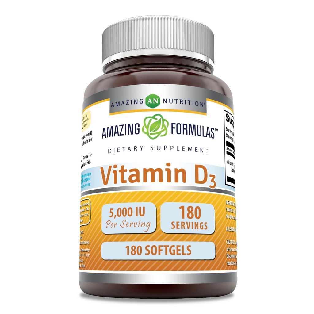 Formules étonnantes Vitamine D3 (Cholecalciferol) Supplément: 5000 UI par portion: 180 softgels.