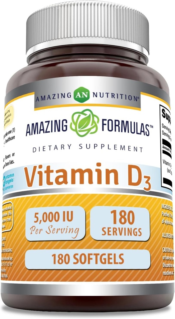 Formules étonnantes Vitamine D3 (Cholecalciferol) Supplément: 5000 UI par portion: 180 softgels.