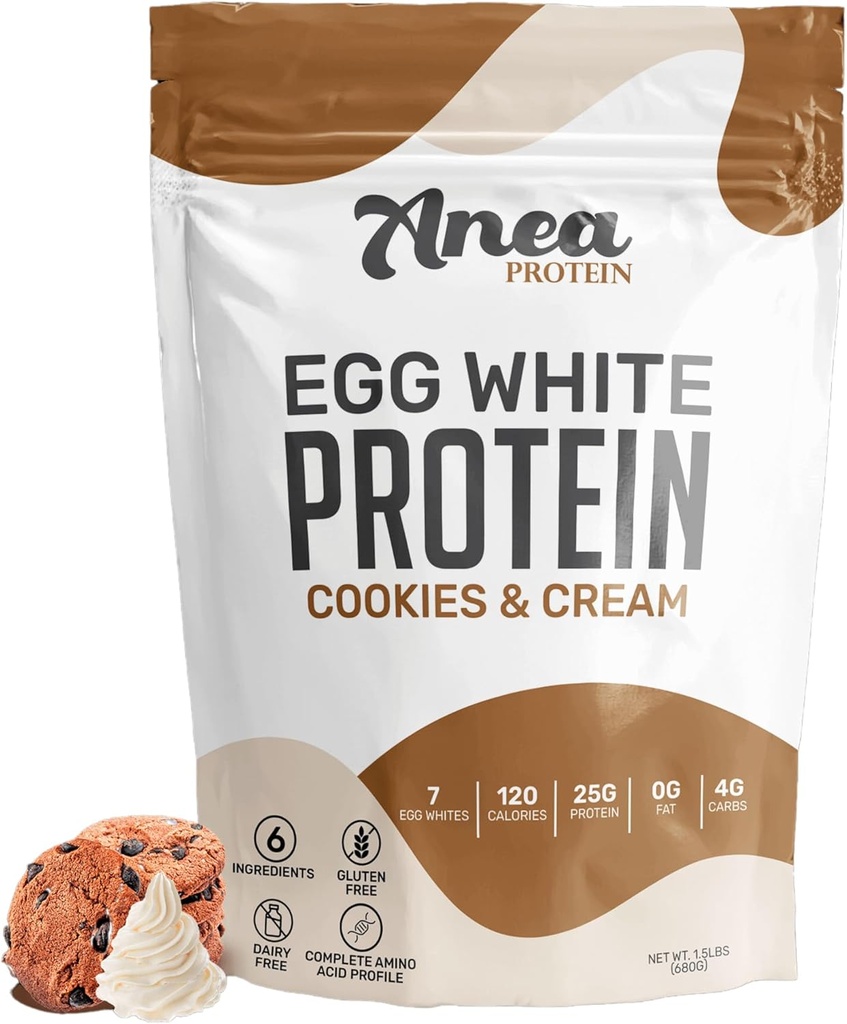 Poudre de protéines blanches d'oeufs d'Anéa 25g Protéines d'Anéa Sans produits laitiers Sans gluten Sans gras Acides aminés d'Anéa Valeur biologique élevée (1,5 livre (paquet de 1) (1,5 livre (paquet de 1), Cookies et crème)