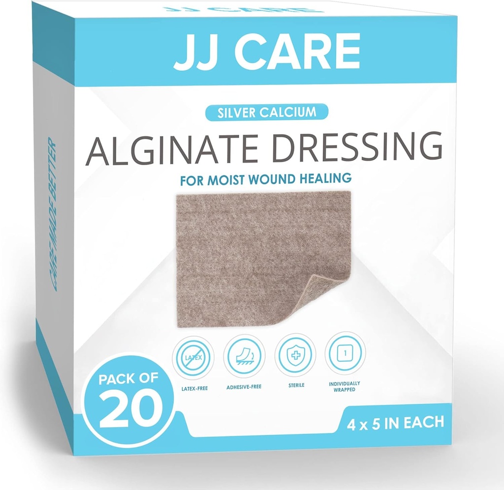 JJ CARE Argent Calcium Alginate Wound Dressing (paquet de 20) 4x5, Argent Alginate Wound Dressing Individuellement emballés, très absorbants bandages non-adhérents pour soins des blessures