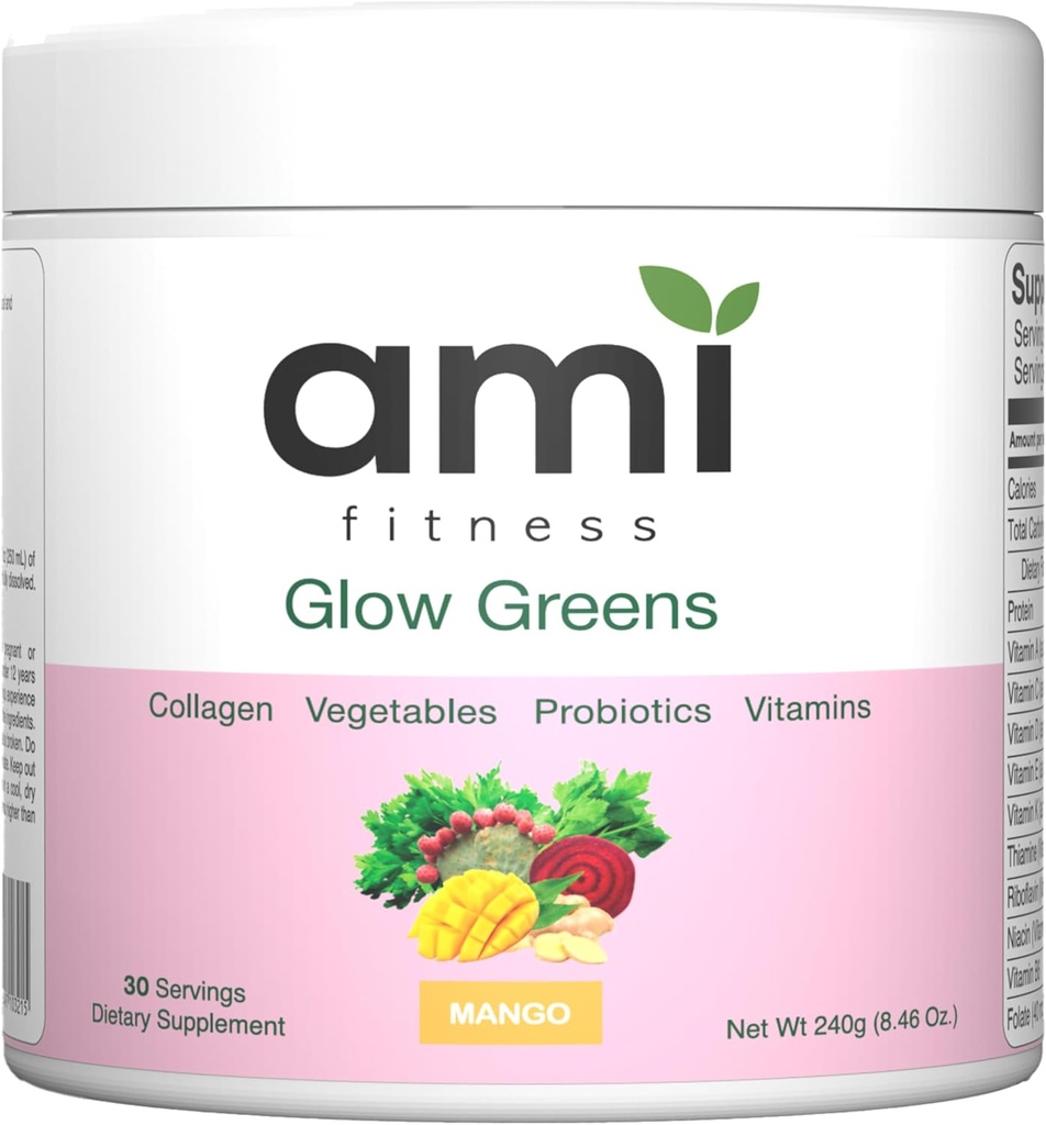 Poudre de Glow Greens, Collagène avec Probiotiques, Vitamines, Enzymes digestifs, Superfoods, Gut Health, Bloating Relief, Radiant Peau, Glow naturel, Spiruline, Juice Mix, 30 SVG, Mango