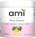 Poudre de Glow Greens, Collagène avec Probiotiques, Vitamines, Enzymes digestifs, Superfoods, Gut Health, Bloating Relief, Radiant Peau, Glow naturel, Spiruline, Juice Mix, 30 SVG, Mango