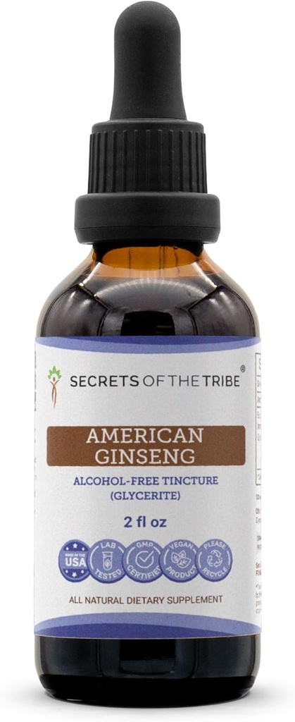 Secrets of the Tribe American Ginseng Tincture Extract Alcohol-Free, Farm Ginseng américain cultivé (Panax Quinquefolius) Supplément de teinture de racine séchée (2 FL OZ)