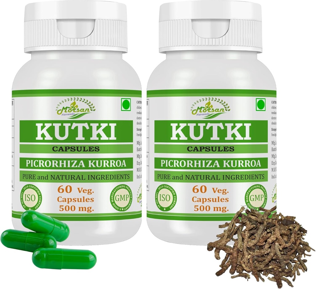 Natural and Pure Herbal PICRORHIZA KURROA (Kutki) Extract Capsules | Highest Potency, 100% Herbal Product | Pack of 60 X 500 mg. Veg. Capsules (Pack of 2 Jar)