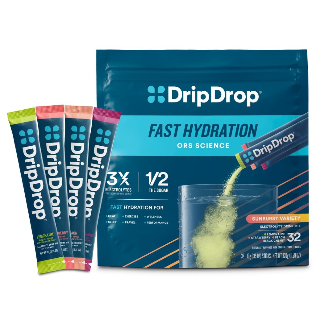 Paquets d'hydratation DripDrop - Paquet de variétés Sunburst - Mélange de poudre d'électrolytes à usage unique - Citron Lime, Fraise, Pêche, Cerise noire - Non-OGM, Sans gluten, Vegan - 32 bâtons