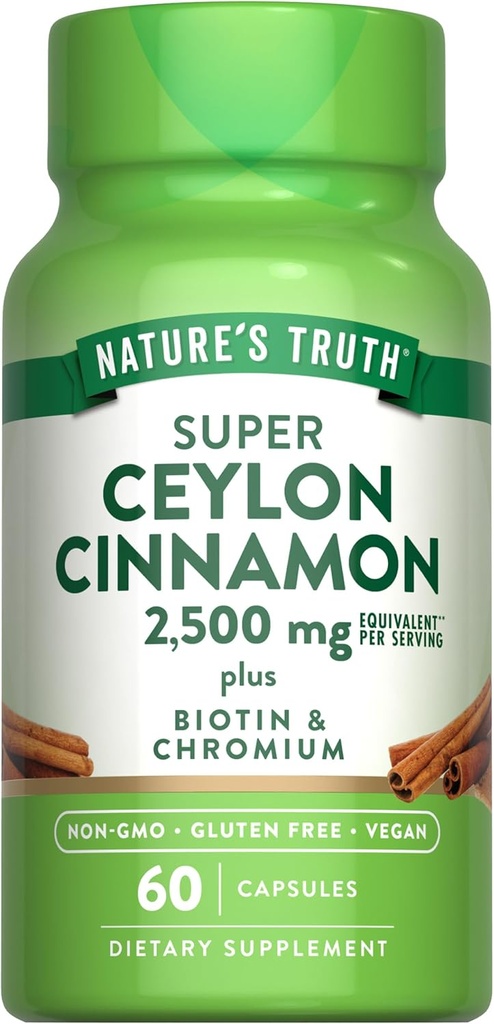 La vérité de la nature Ceylan Capsules de cannelle $ 2500mg , plus Chrome et Biotin $ 60 Comte $ Vegan, sans OGM et supplément sans gluten