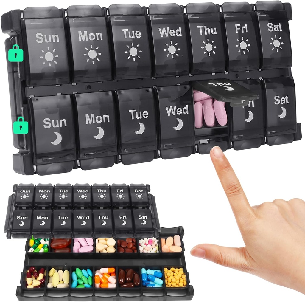 Shintop Weekly Pill Box 2 fois par jour, traitement de remplissage facile Pill Organizer Push Button Pill Case Morning Night Vitamine Organizer pour les suppléments d'huile de poisson (noir)