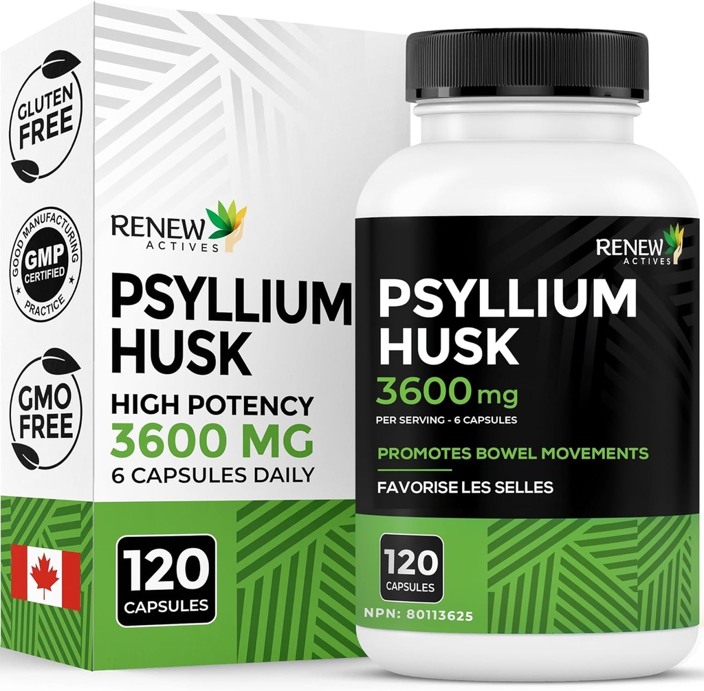 Renouveler les actifs Psyllium Husk 1200MG par 2 capsules – Laxatif en vrac et fibre soluble pour la santé digestive, la régularité et le bien-être des adultes – Ingrédients purs – Fabriqué au Canada – 120 capsules