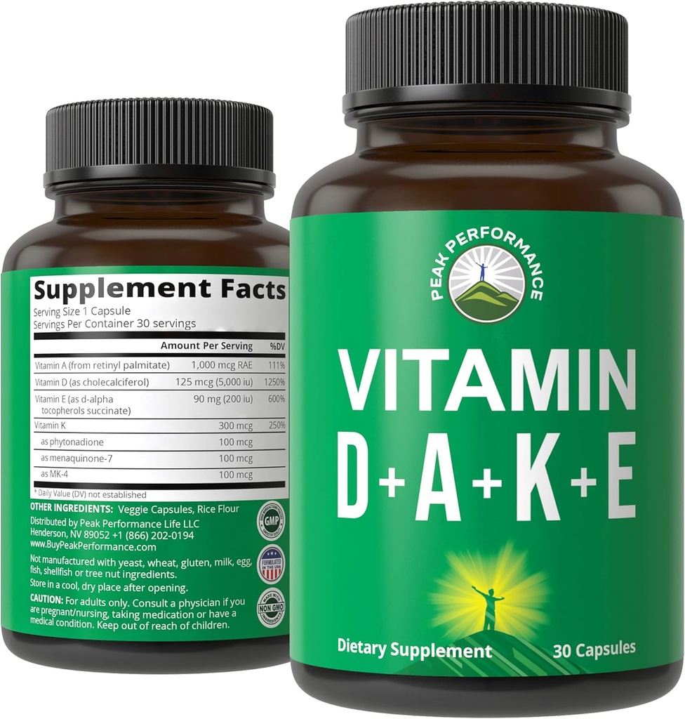 Cap Performance Vitamines D 5 000 iu + A + K + E Tous en 1 Capsule végétalienne facile à avaler. Supplément de vitamine ADK avec E D3 K2. Vitamines essentielles pour l'humeur, Immune, Os, Vision, Coeur