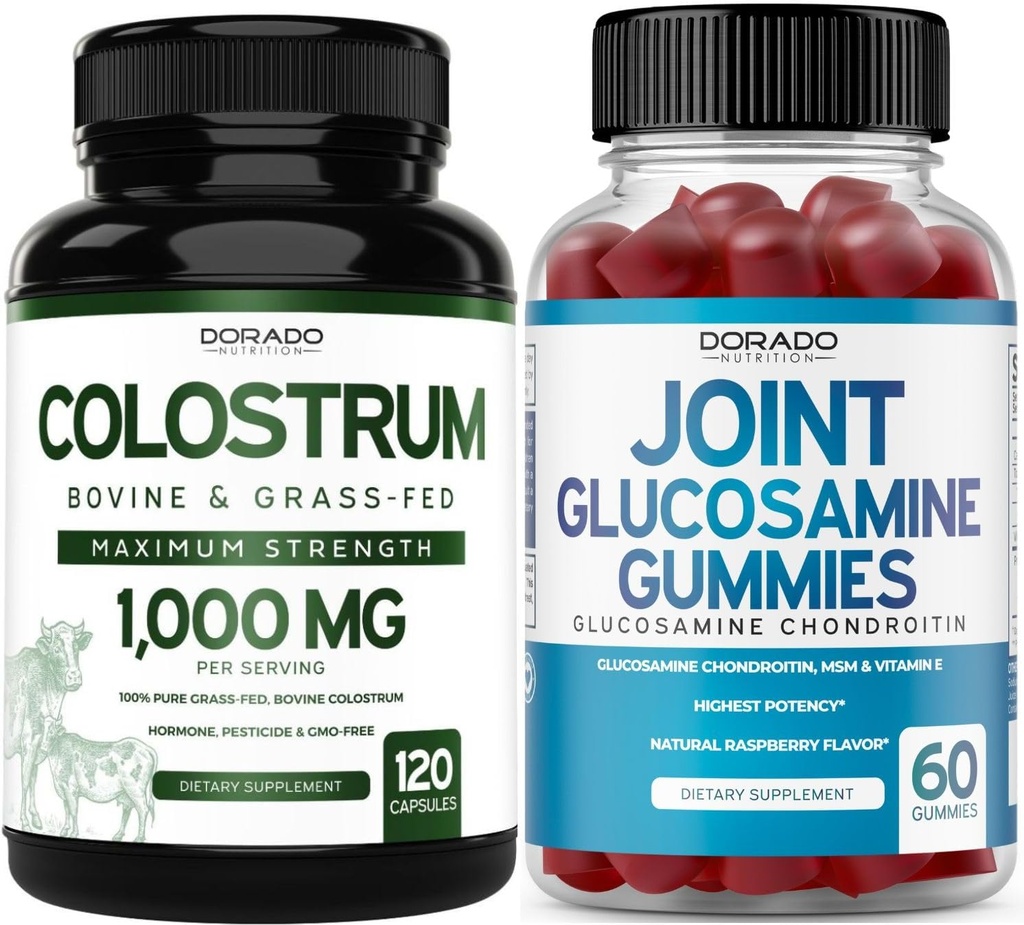 Colostrum (120 Count) Bovin Colostrum Capsules pour Adultes et Glucosamine Chondroïtine (60 Gummies) Suppléments articulaires pour Hommes et Femmes avec Delicious Raspberry Flavor - Vegan Safe & Made in USA