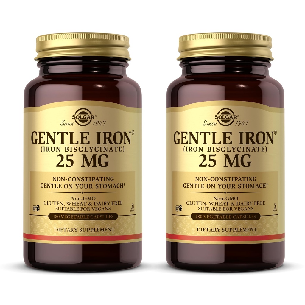 Solgar en fer doux (bisglycinate de fer) 25 mg - 180 Capsules végétales, boîte de 2 - Non constipant, doux sur votre estomac - Non-OGM, sans gluten - 360 portions totales