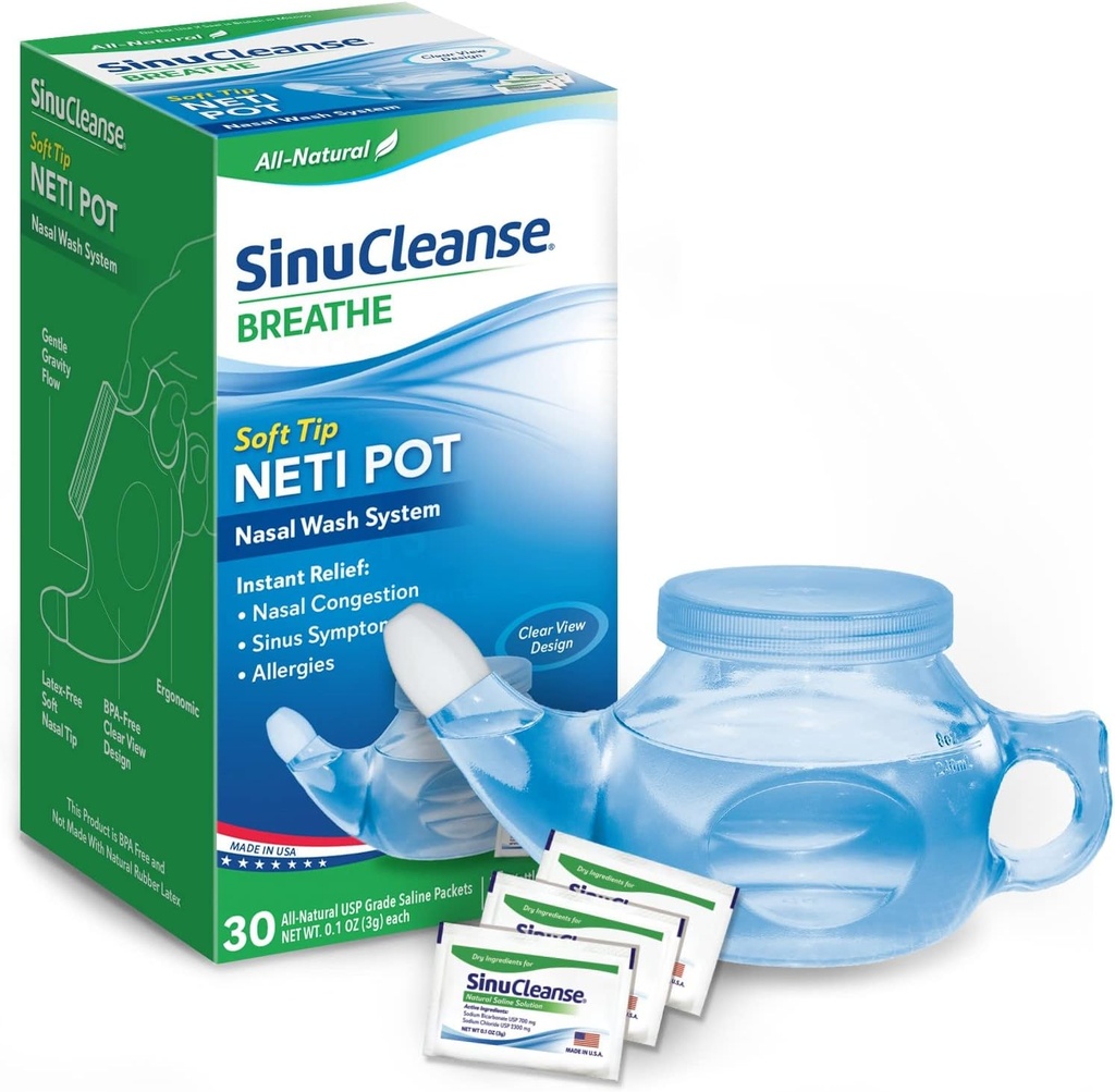 SinuCleanse Soft Tip Neti Pot Système de lavage nasal, Soulage la congestion nasale en raison du froid et de la grippe, air sec, allergies, 30 packets Saline tout naturel, fabriqués aux États-Unis