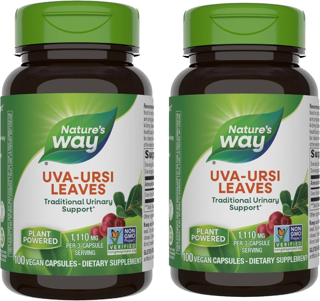 Nature's Way Uva Ursi Leaves, soutien urinaire traditionnel*, 1 110 mg par portion de 3 capsules, projet non-OGM vérifié, supplément alimentaire à base de plantes, 100 capsules végétales (paquetage May Vary) - 2 paquets