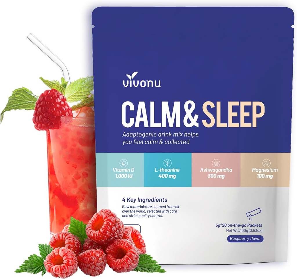 VivoNu boisson en poudre calme et sommeil mélange framboise L Theanine Ksm-66 Ashwagandha Magnésium Glycinat vitamine D 3 suppléments pour la relaxation et la concentration (VSC M2)