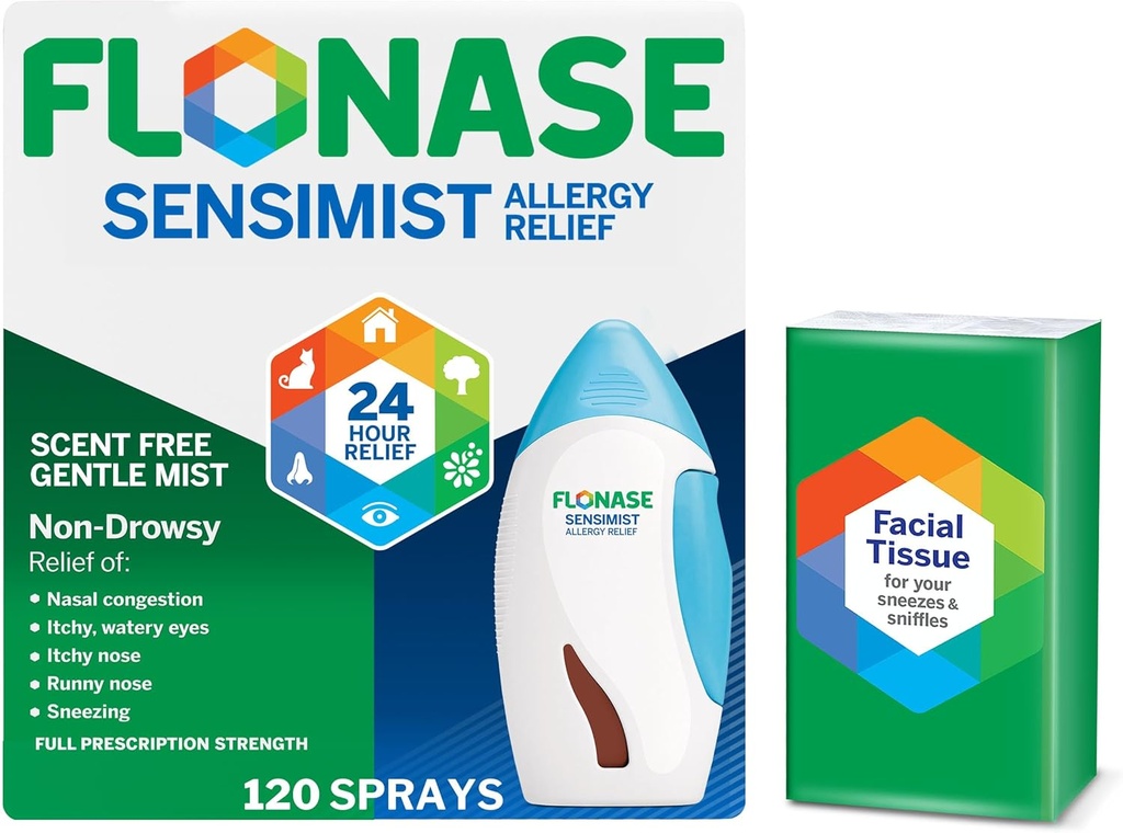 Spray nasal anti-allergie sensimiste Flonase - Allégation longue durée de 24HR non somnolente avec brume fine et sans parfum - 120 Sprays plus Bonus Pack de tissus