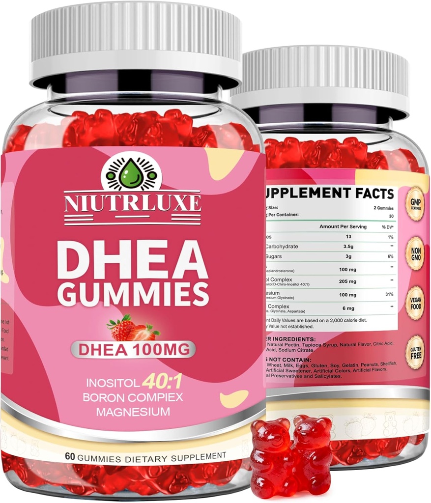 DHEA Gummies, DHEA Supplements for Women, DHEA 100mg Chewable with Boron, Inositol and Magnesium, Pro-Aging, Ovarian Support, Sleep Support, Vegan, 60 Counts