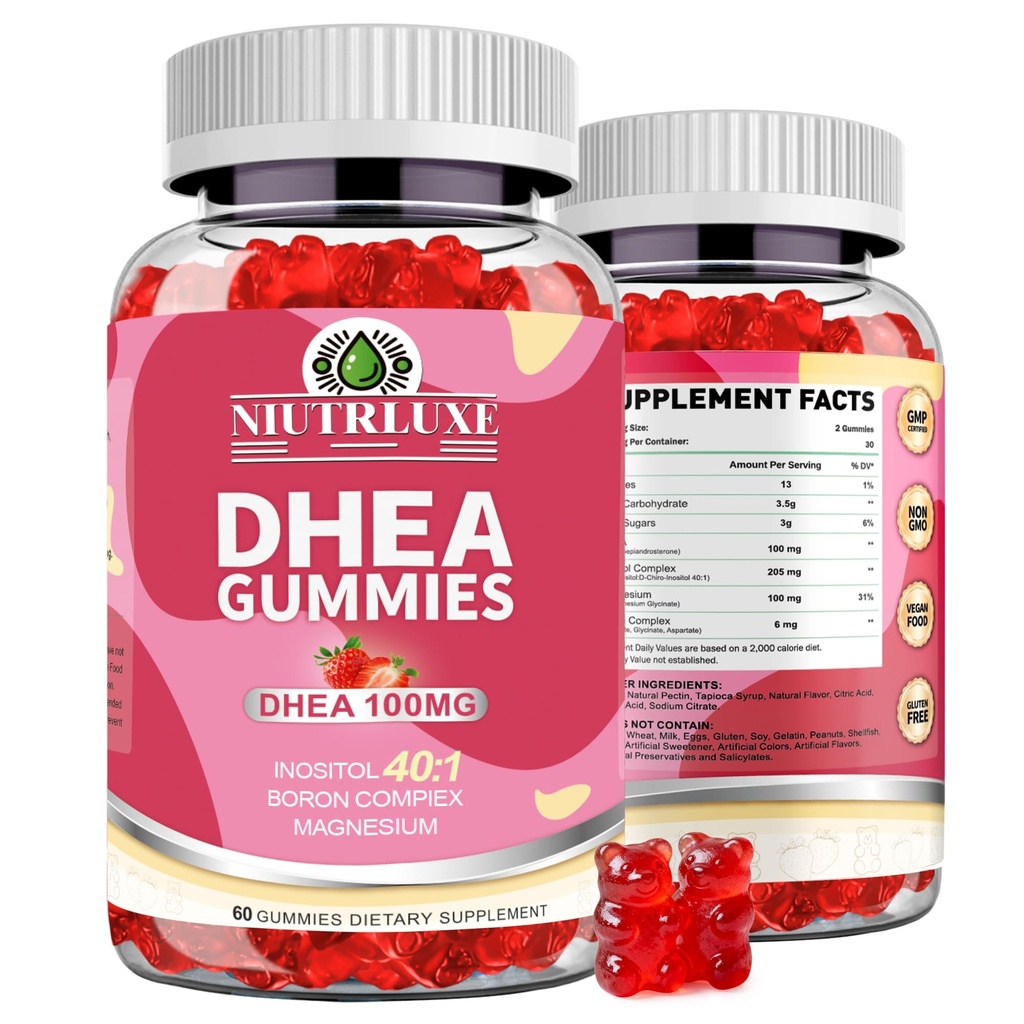 DHEA Gummies, Suppléments DHEA pour femmes, DHEA 100mg Chewable avec Boron, Inositol et Magnésium, Pro-Aging, Soutien Ovarien, Soutien au sommeil, Vegan, 60 comtes
