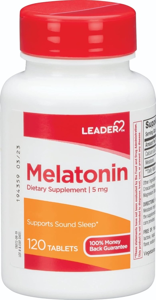 Leader Melatonine 5MG Comprimés 120 Ct. Aide naturelle au sommeil pour les nuits reposantes