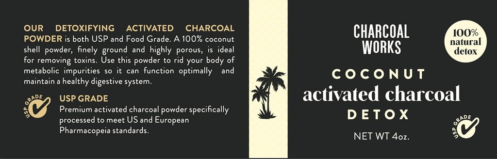 Coconut activé en poudre de charbon de bois par CHARCOAL WORKS (USP) Nourriture de qualité Charcoal Drink (Détox) Haute capacité d'adsorption (High Adsorptive Capacity) Fast Acting (Fast Acting) Half Pint 4oz