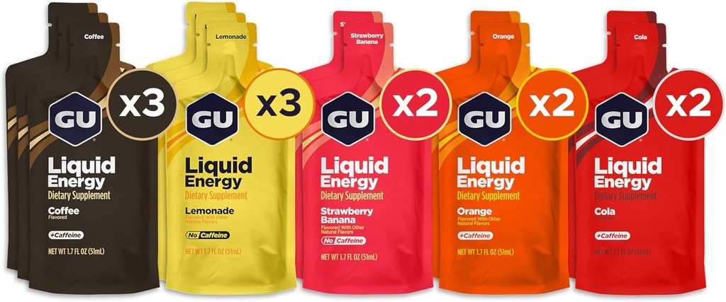 GU énergie Gel d'énergie liquide avec des hydrates de carbone complexes, végétalien, sans gluten et sans lait-sans énergie sur la route pour toute séance d'entraînement, 12-Count, assorties saveurs