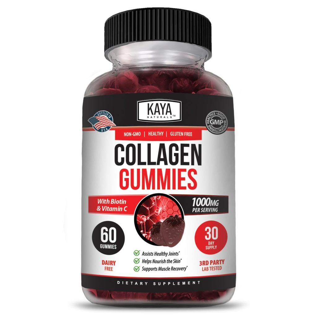 Kaya Naturals Collagen Gummies pour les hommes et les femmes Supplément de la nature faite Gummies - 1000mg de collagène hydrolysé, vitamine C, sélénium et biotine, goût de fraise - 60 Gummies de comte