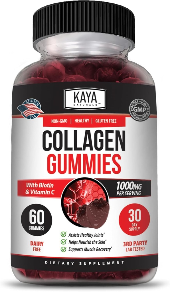 Kaya Naturals Collagen Gummies pour les hommes et les femmes Supplément de la nature faite Gummies - 1000mg de collagène hydrolysé, vitamine C, sélénium et biotine, goût de fraise - 60 Gummies de comte