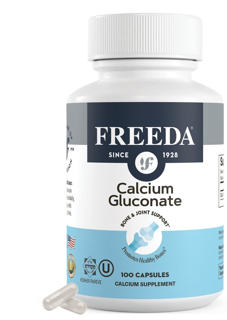 Gluconate de calcium Freeda – supplément de calcium végétalien kasher – Facile à digérer et à absorber – soutient la force osseuse – Calcium pur sans vitamine D – (100 capsules)