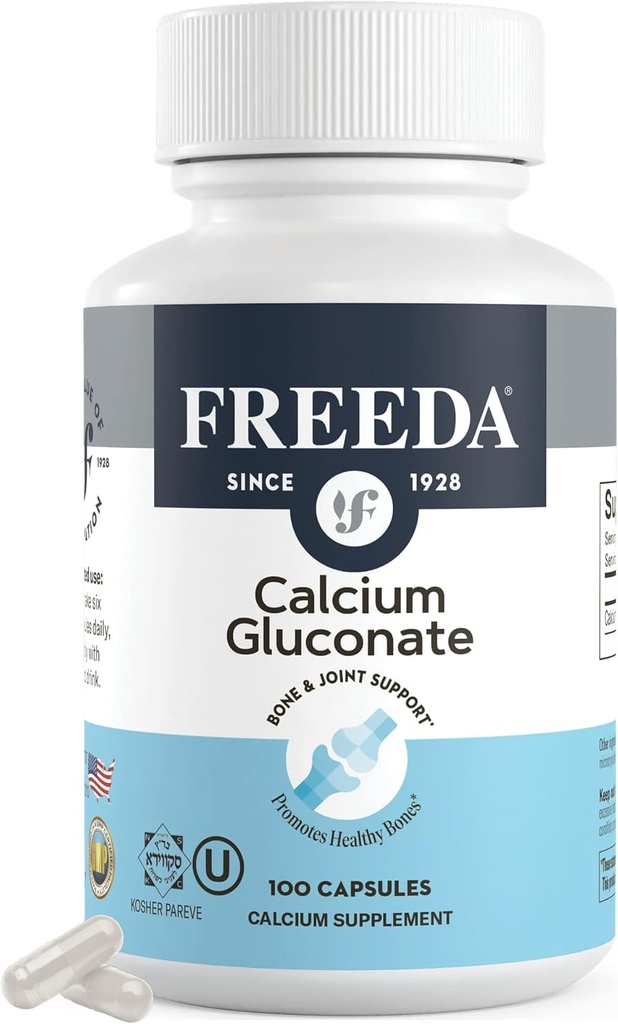 Gluconate de calcium Freeda – supplément de calcium végétalien kasher – Facile à digérer et à absorber – soutient la force osseuse – Calcium pur sans vitamine D – (100 capsules)