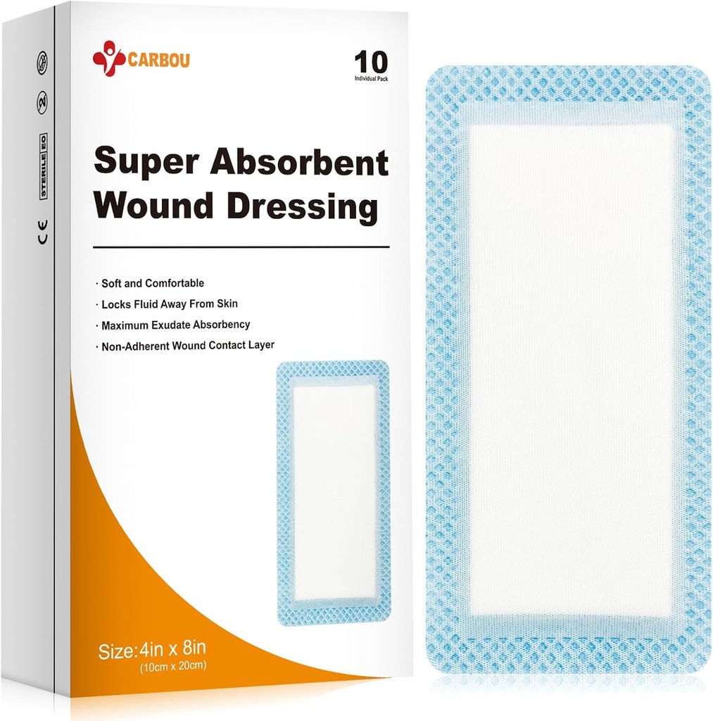 Carbou Super Absorbent Plaquettes de Dressing Bound 4"x 8", 10 Pack individuel, Bandages Absorbants Non Adhésifs pour Soins Blessures, Dressing Doucement Absorbant, Plaquettes de Gauze Non Stick pour Blessures