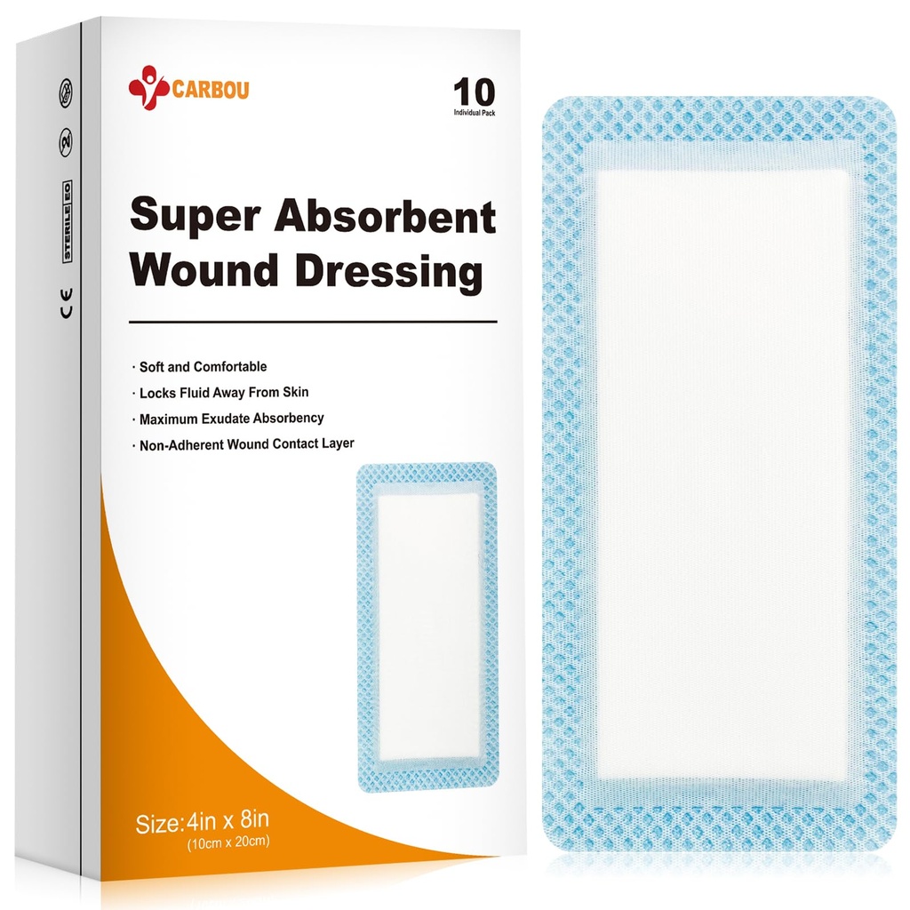 Carbou Super Absorbent Plaquettes de Dressing Bound 4"x 8", 10 Pack individuel, Bandages Absorbants Non Adhésifs pour Soins Blessures, Dressing Doucement Absorbant, Plaquettes de Gauze Non Stick pour Blessures