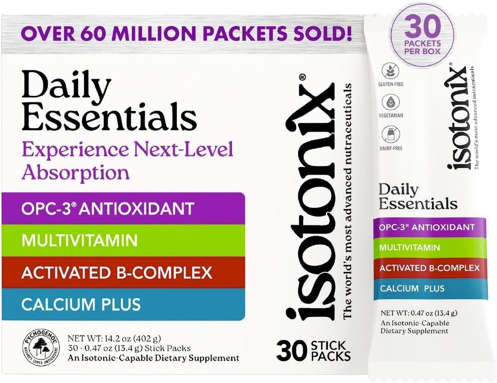 Isotonix® Daily Essentials Packets en poudre multivitamine – Formule 4-en-1 avec multivitamine, complexe B activé, Calcium Plus et OPC-3 avec Pycnogenol® – Livraison isotonique – Packets sans gluten-30