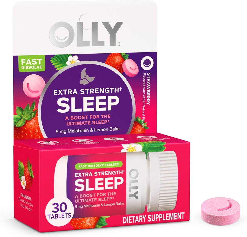 OLLY Extra Strength Sommeil Dissoudre rapidement les comprimés, 5 mg de mélatonine, végétalien, fraise - 30ct
