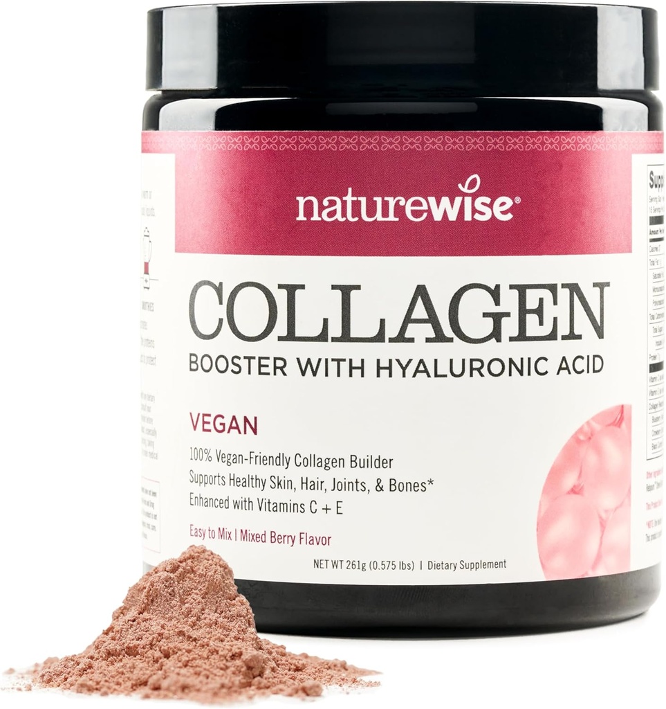 NatureWise Poudre de collagène végétalien - Formule booster pour cheveux, peau et ongles sains avec acide hyaluronique, vitamine C et E, protéines - Mélange d'arôme de baie - Sans lait, sans OGM - 15 portions