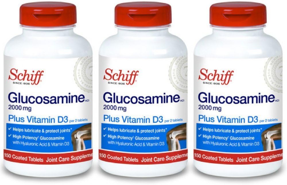 Schiff Glucosamine 2000mg avec vitamine D3 et acide hyaluronique, 150 comprimés - supplément articulaire (paquet de 3)