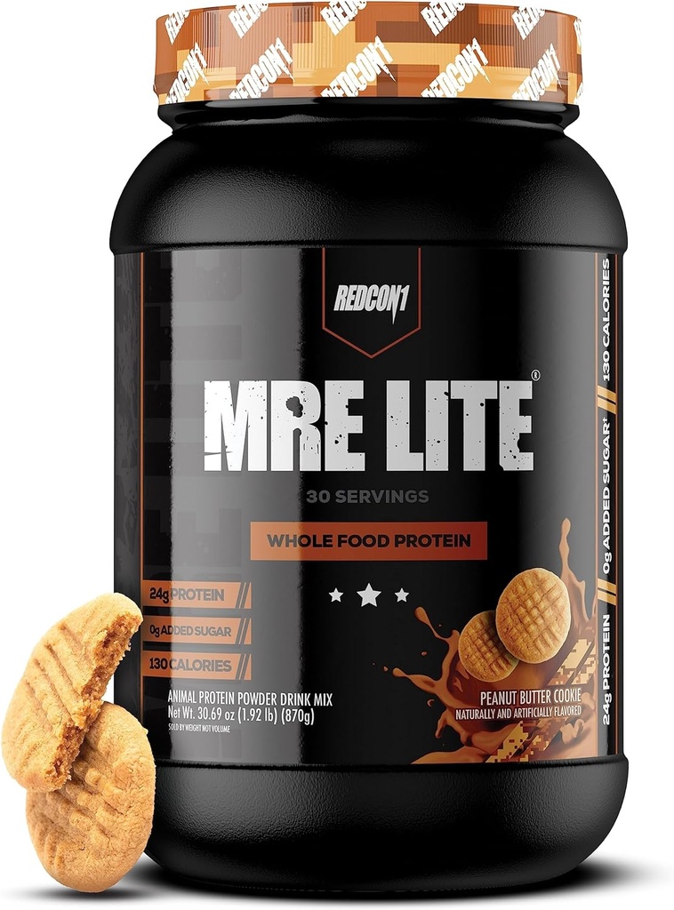 REDCON1 MRE Lite poudre de protéines d'aliments entiers, beurre d'arachide - faible teneur en glucides et farine de substitut sans repas avec mélanges de protéines animales - supplément facile à digérer fait avec des huiles MCT (30 portions)