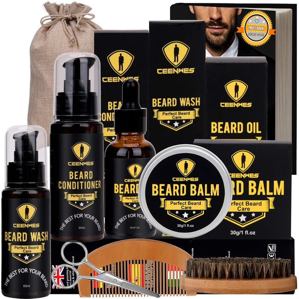 Ceenwes Upgraded Beard Grooming Kit - Conditionneur, Huile, Brosse, Peigne, Baume, Ciseaux, Sac de rangement pour le Trimming de la barbe et de la moustache, Cadeau Homme parfait